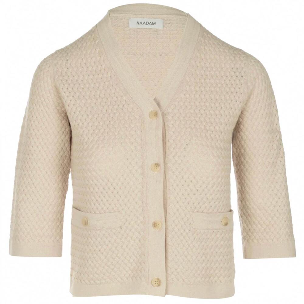 NEW NAADAM women's cotton cashmere basketweave short sleeve cardigan in ecru naa